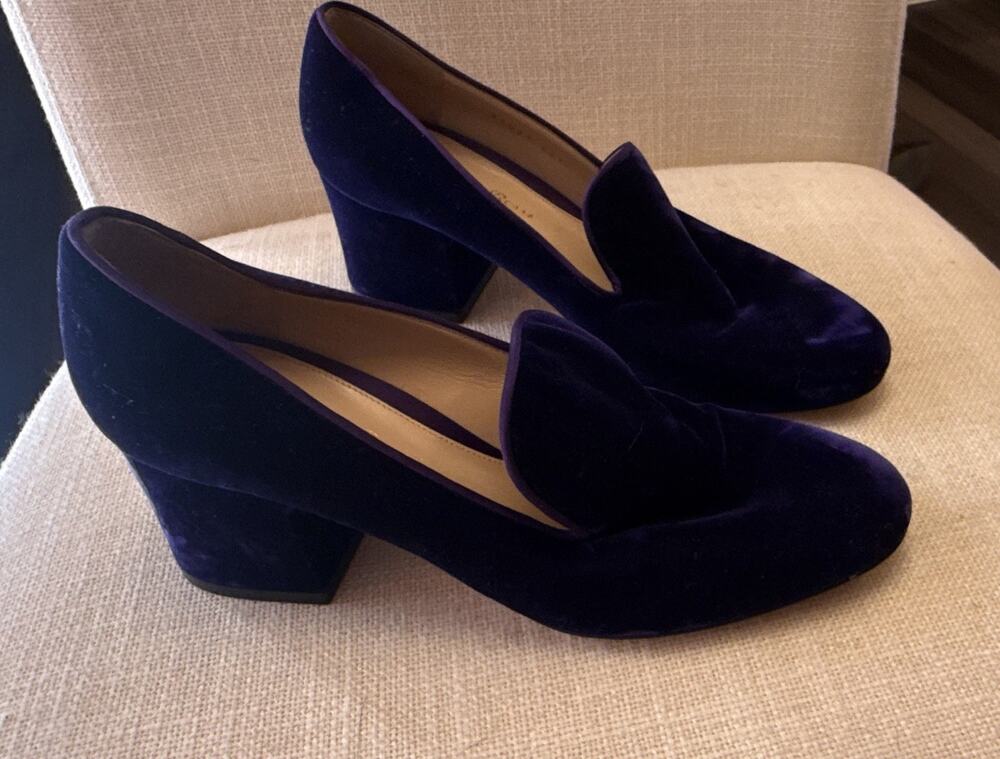 Gianvito Rossi Purple Velvet Almond Toe Block Heel Pumps Straps US 8.5